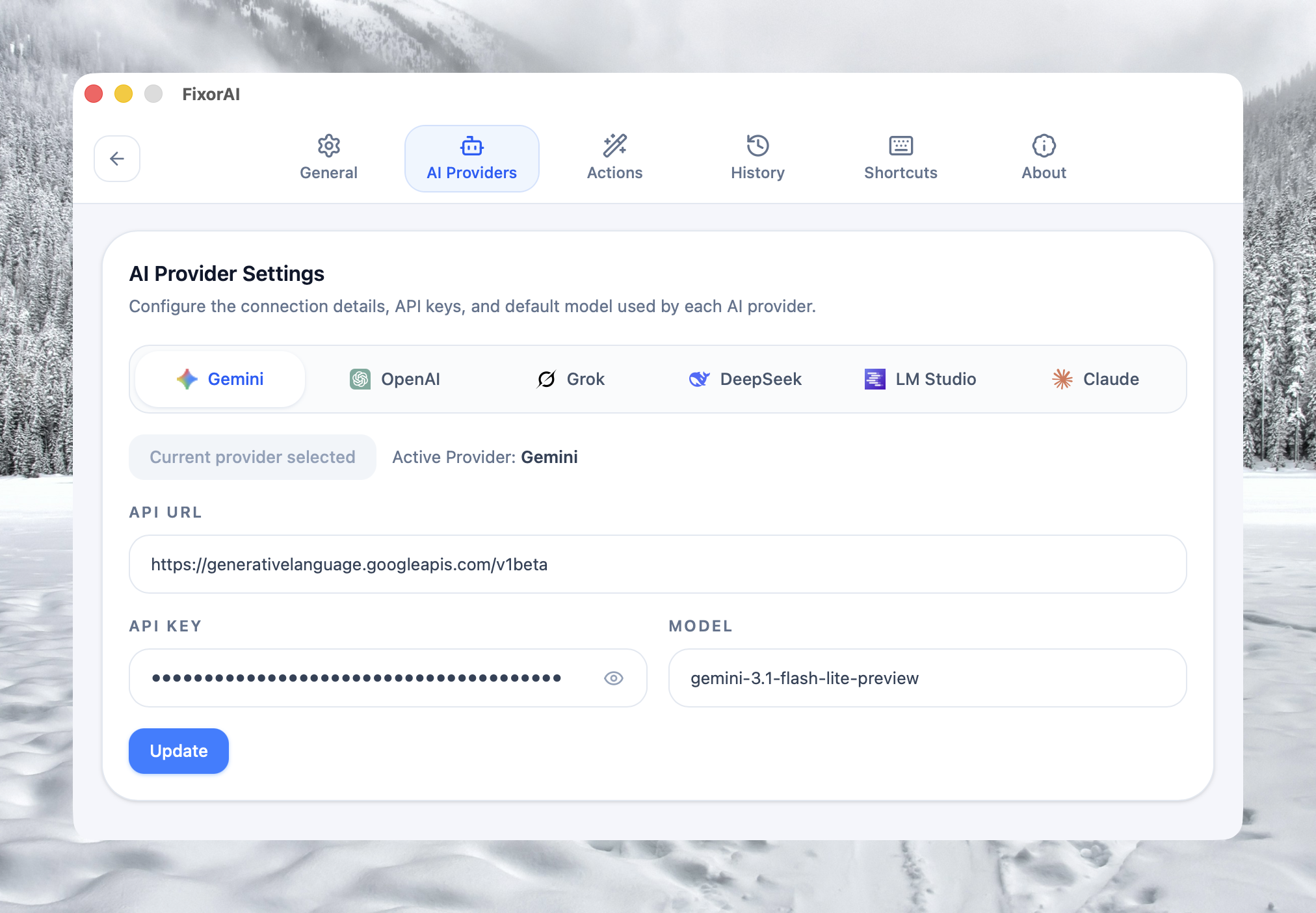 FixorAI mostrando la selección de proveedores y modelos de IA